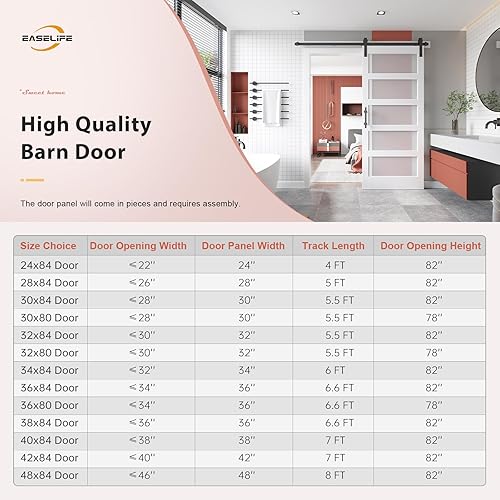 Miniatura 8 de Puerta de granero de 36 x 84 pulgadas de vidrio EaseLife con kit de herrajes deslizantes de 6.6 pies incluido y manija, madera maciza cubierta con