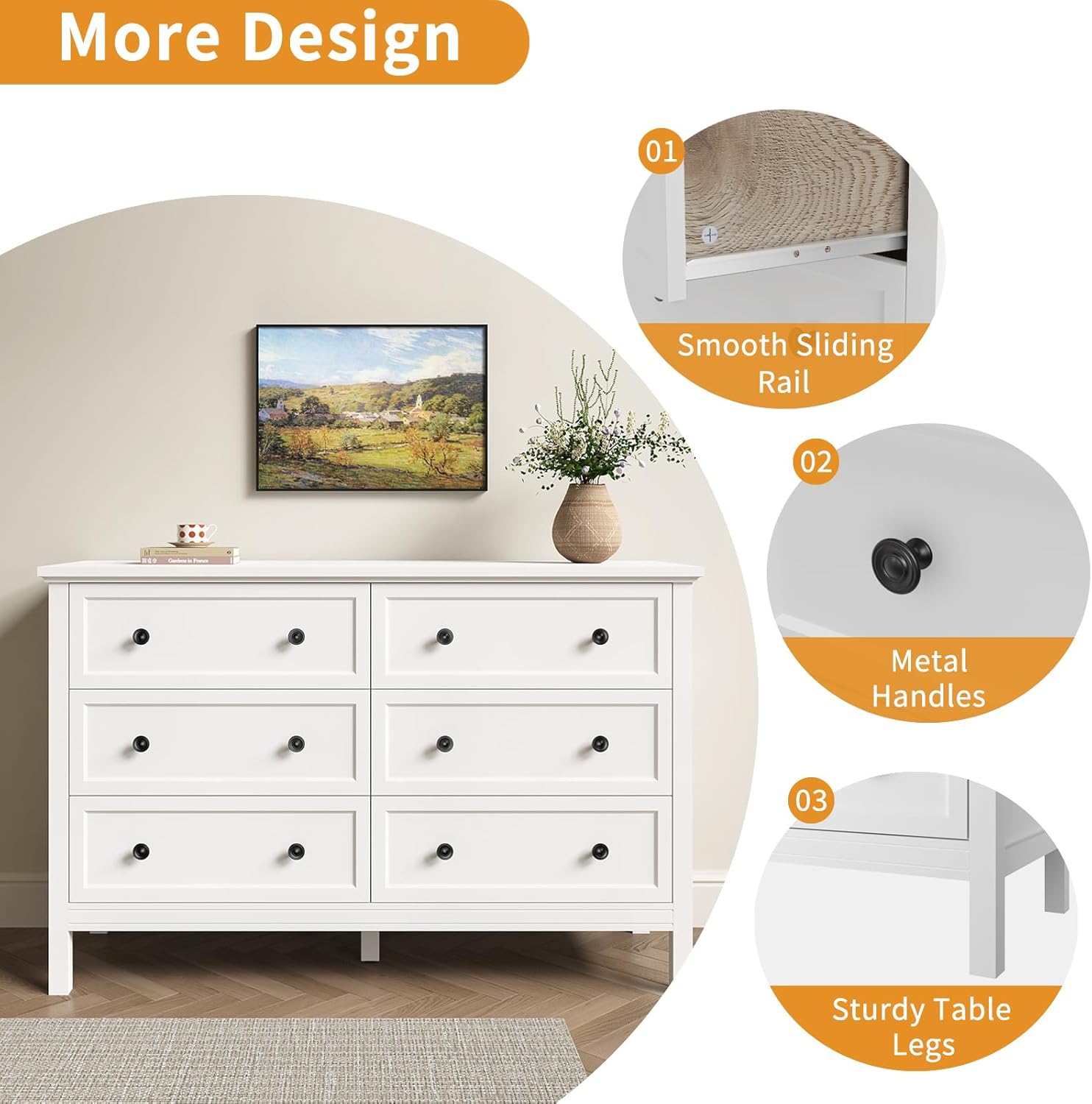 LYNSOM White Dresser for Bedroom, Modern 6 Drawer Double Dresser with Deep Drawer and Metal Handle, Wood Dressers & Chests of Drawers for Hallway, Entryway