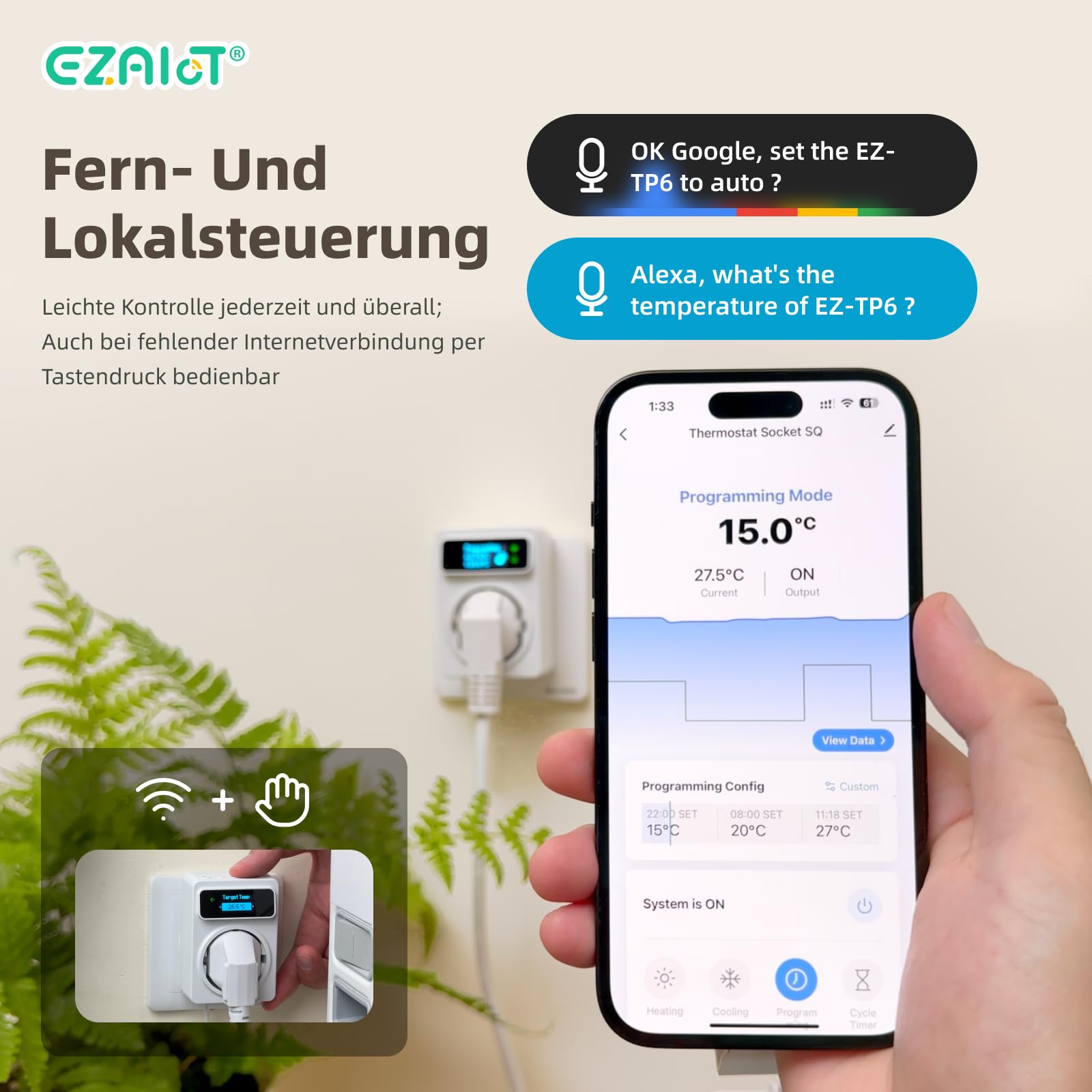 Steckdosen-Thermostat WLAN - Heizung/Kühlung und Zeitschaltuhr mit 3m und 5cm Fühler, Digitaler Temperaturregler für Gewächshäuser, Aquarien, 230V, OLED Bildschirm