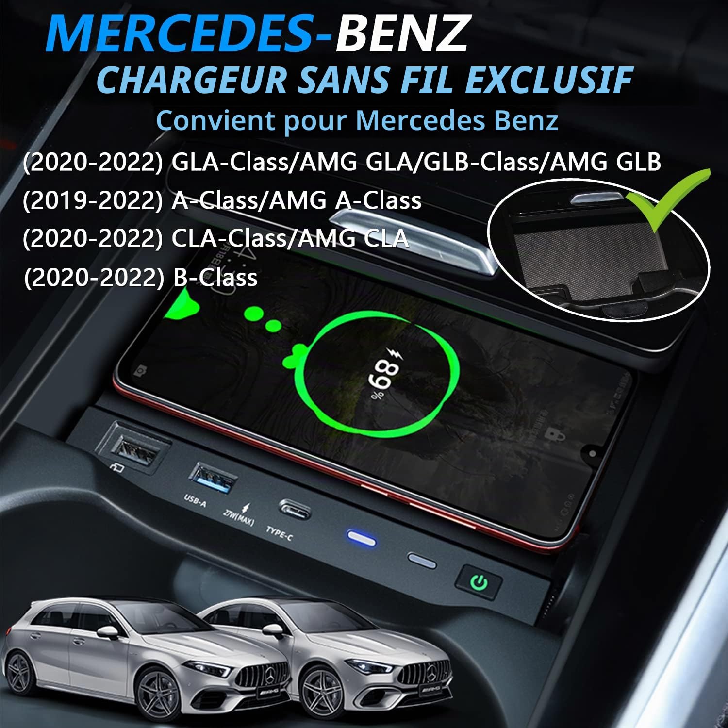 Chargeur sans Fil Voiture pour Mercedes-Benz A-Class B-Class GLA GLB CLA AMG 2020-2022 W177/X247/H247/W247 Accessoire, 15W Wireless Chargeur de Téléphone à Charge Rapide pour iPhone Samsung