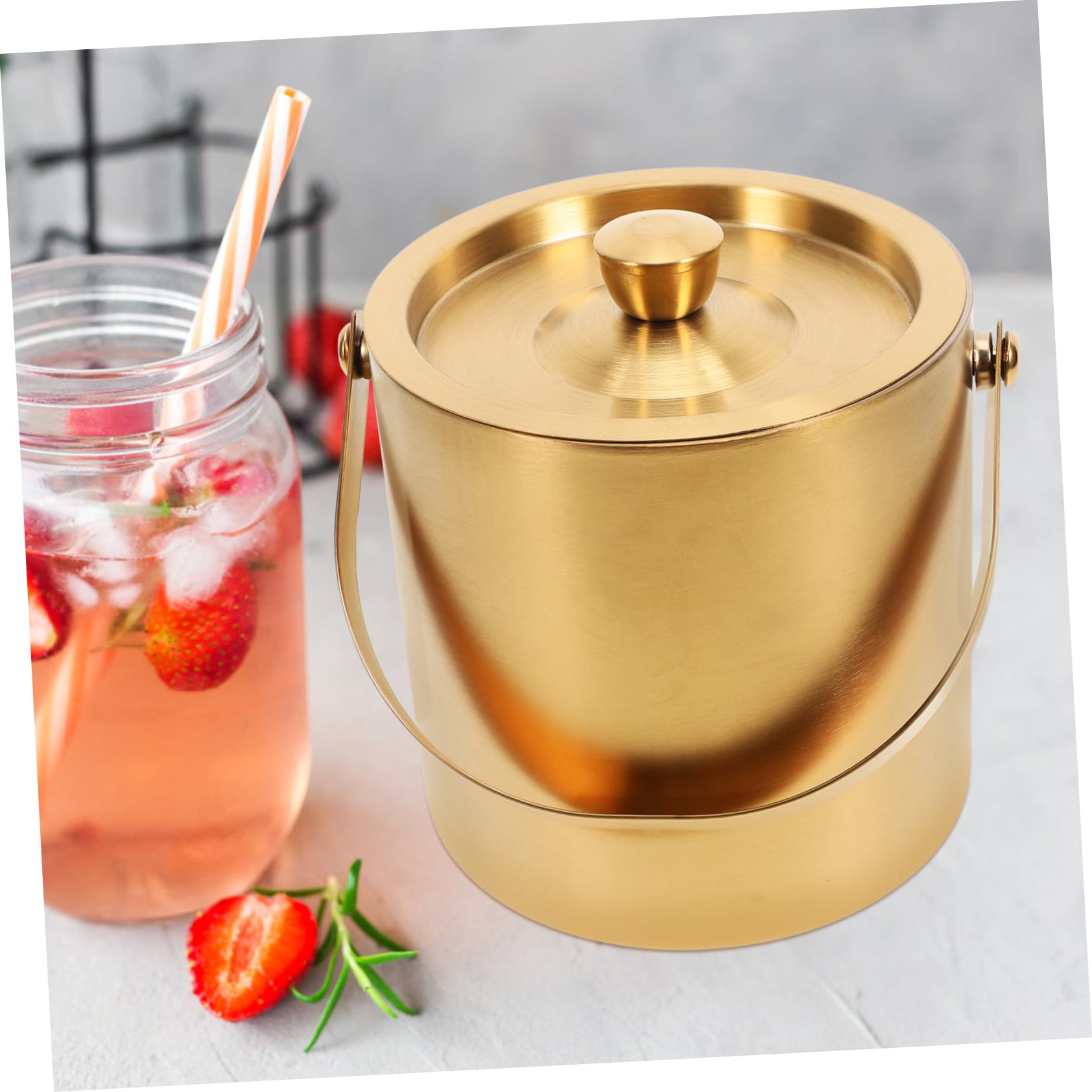 Eiswürfelbehälter zur Kühlung von Bier und Cocktails aus Edelstahl 1,6 L und Deckel mit Doppelwandiger Isolierung Tragbarer Eimer für Zuhause und Ktv