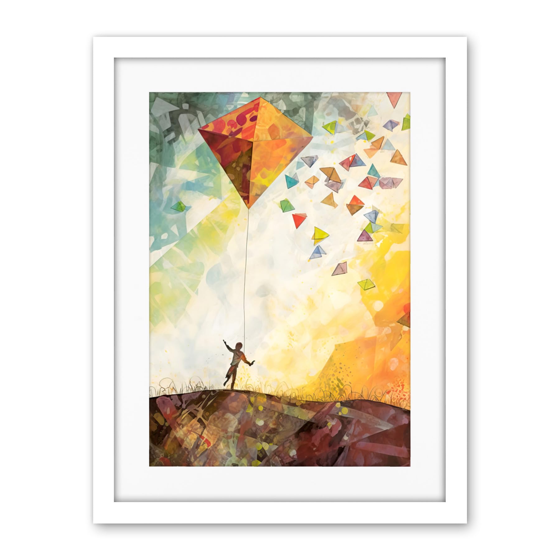 Artery8 Child Flying Big Kite in Rainbow Colour Sunset Sky Artwork Framed Wall Art Print 18X24 Inch