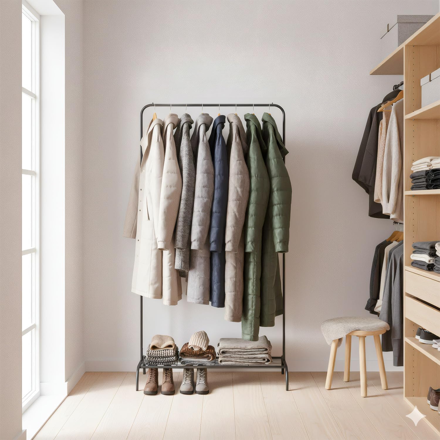 Modern Clothes Rack, 45" Height Garment Rack for Small Spaces, Stable Standing Clothing Organizer with Bottom Shelf, Portable Rack for Dorm, Apartment & Studio, 92LBS Capacity, Black