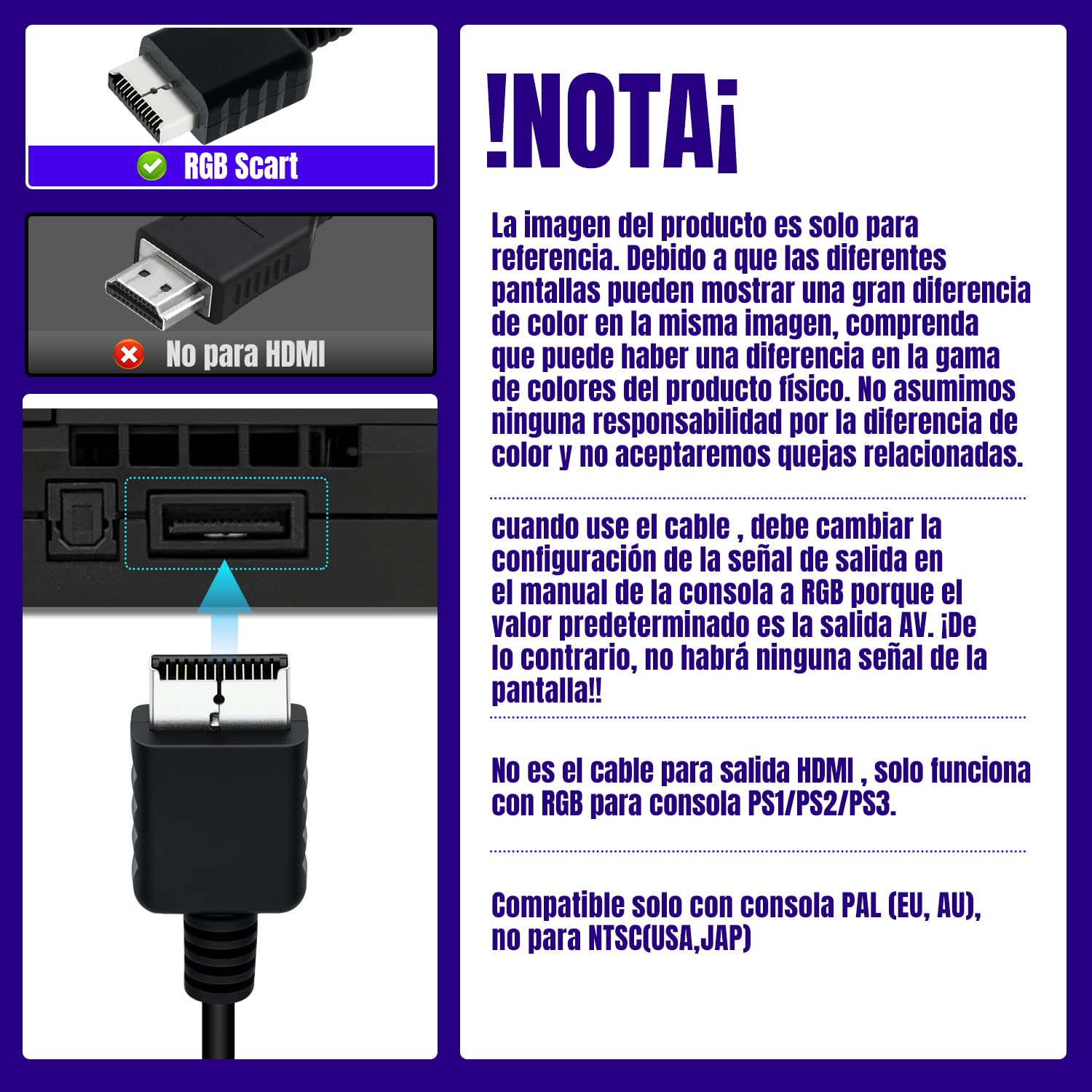 Gam3Gear Mcbazel RGB Scart Cable Cable AV con Caja de Color para PS3 / PS2 / PSOne PAL