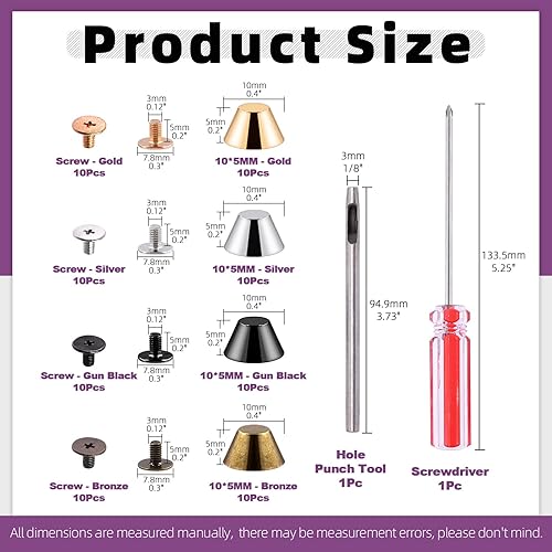 Miniatura 9 de Swpeet 42 juegos de 4 colores de 0.453 x 0.197 in  0.45 x 0.2 pulgadas de aleación de tornillo trasero con punta de tuerca para bolso de mano y