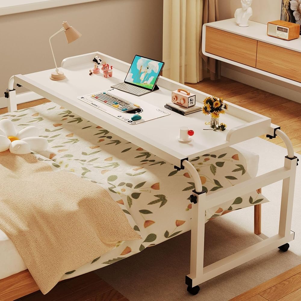SENJINGHUA Hospital Table Overbed,Overbed Table with Wheels,Adjustable Height,Stretchable Lazy Design Rolling Bed Desk,Overbed Computer Table with Wheels(Color:White)