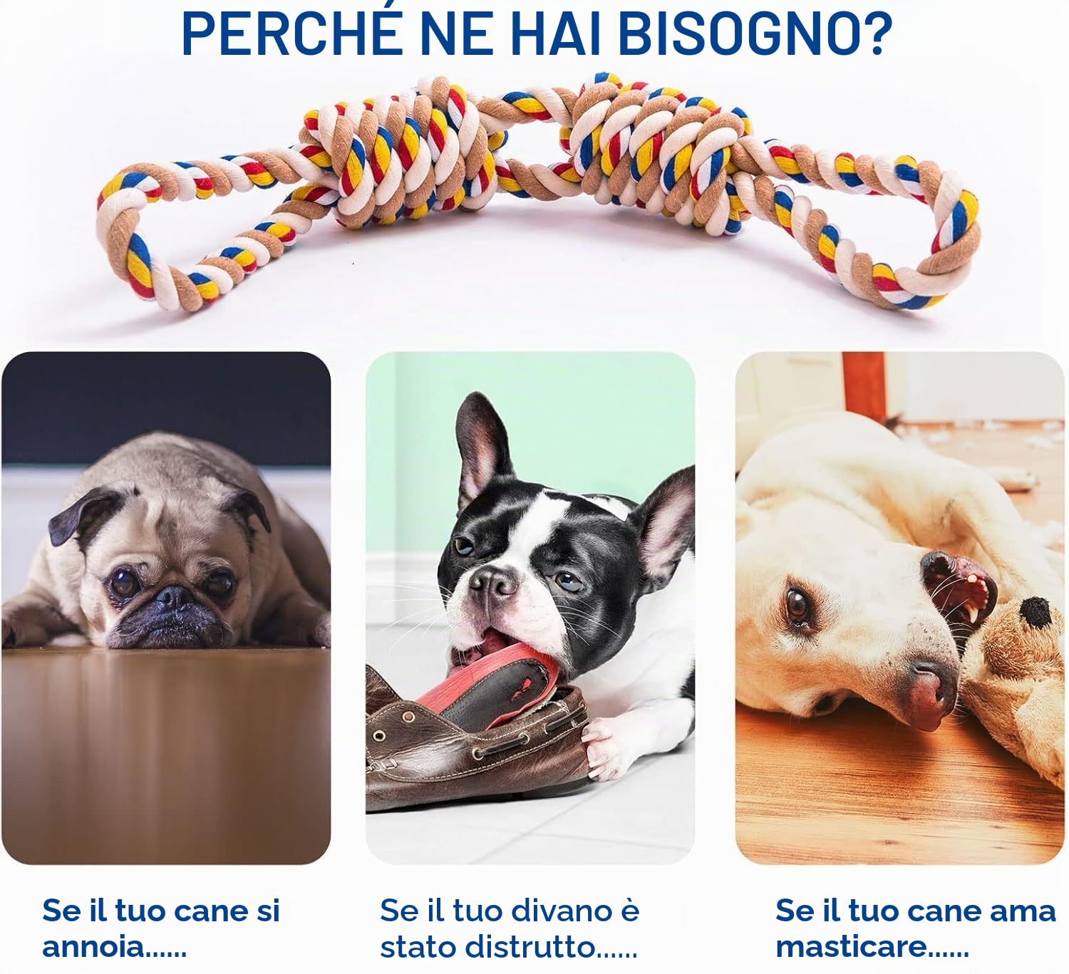 Set di 2 giocattoli da masticare con corda di cotone, 3 nodi, indistruttibili, per cani medi e piccoli
