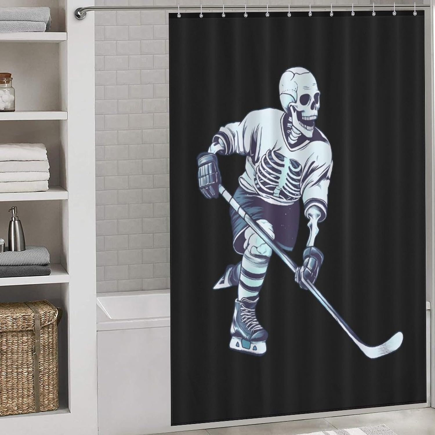 Skeleton Hockey Player Funny Shower Curtains Washable Bath Curtain Liner with Hooks for Bathroom Bath Tubs
