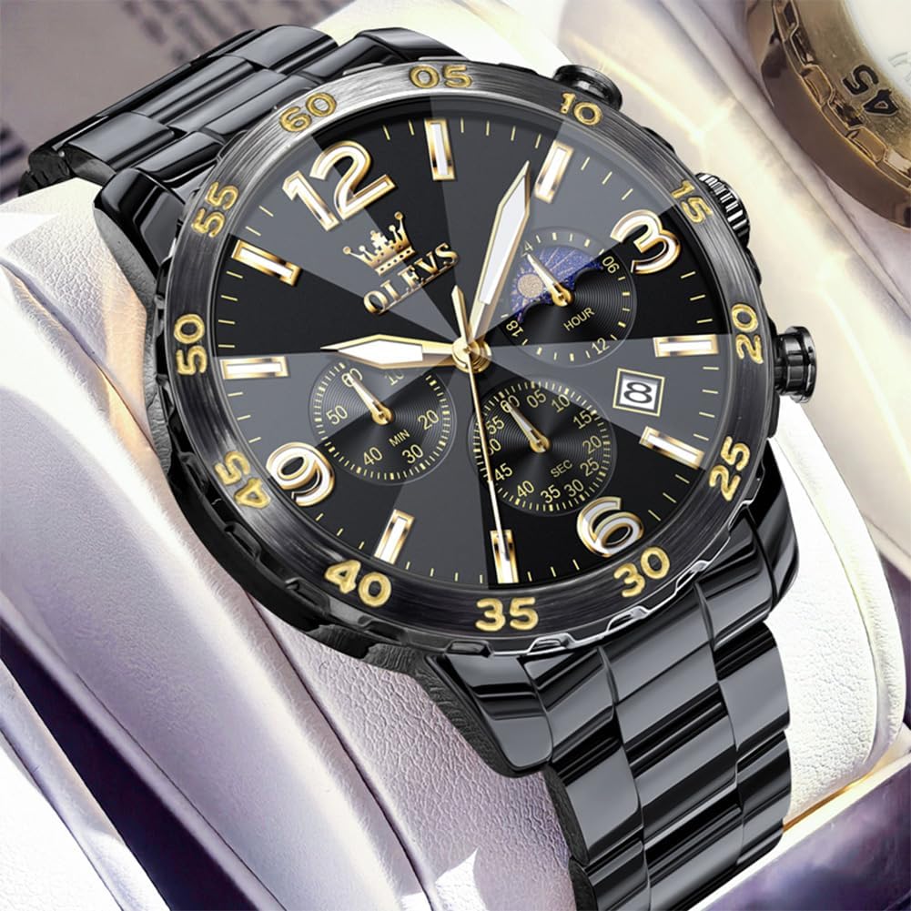 OLEVS Watch Men Luxury Big Wrist Face Analog Quartz Mens Watches Stainless Steel Waterproof Luminous Date Dress Chronograph Moon Phase Relojes para Hombres G3678-All Black image 4 of 8 B0F9FHLNBT