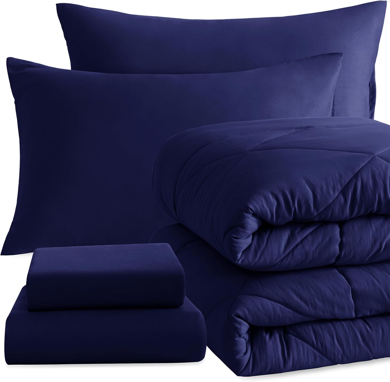 NTBAY Twin Comforter Set with Sheets, 5 Pieces Soft and Breathable Bedding Set, Bed in a Bag, Down Alternative Comforter Set Solid Color All Season, Kids Bedding Set, Navy Blue