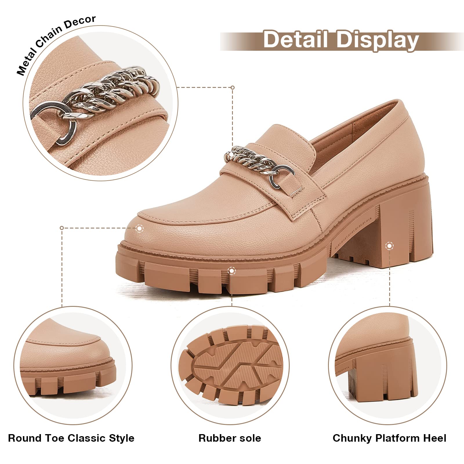 TINSTREE Platform Loafers for Women with Chain Comfort Chunky Heel Slip On Round Toe Business Work Shoes