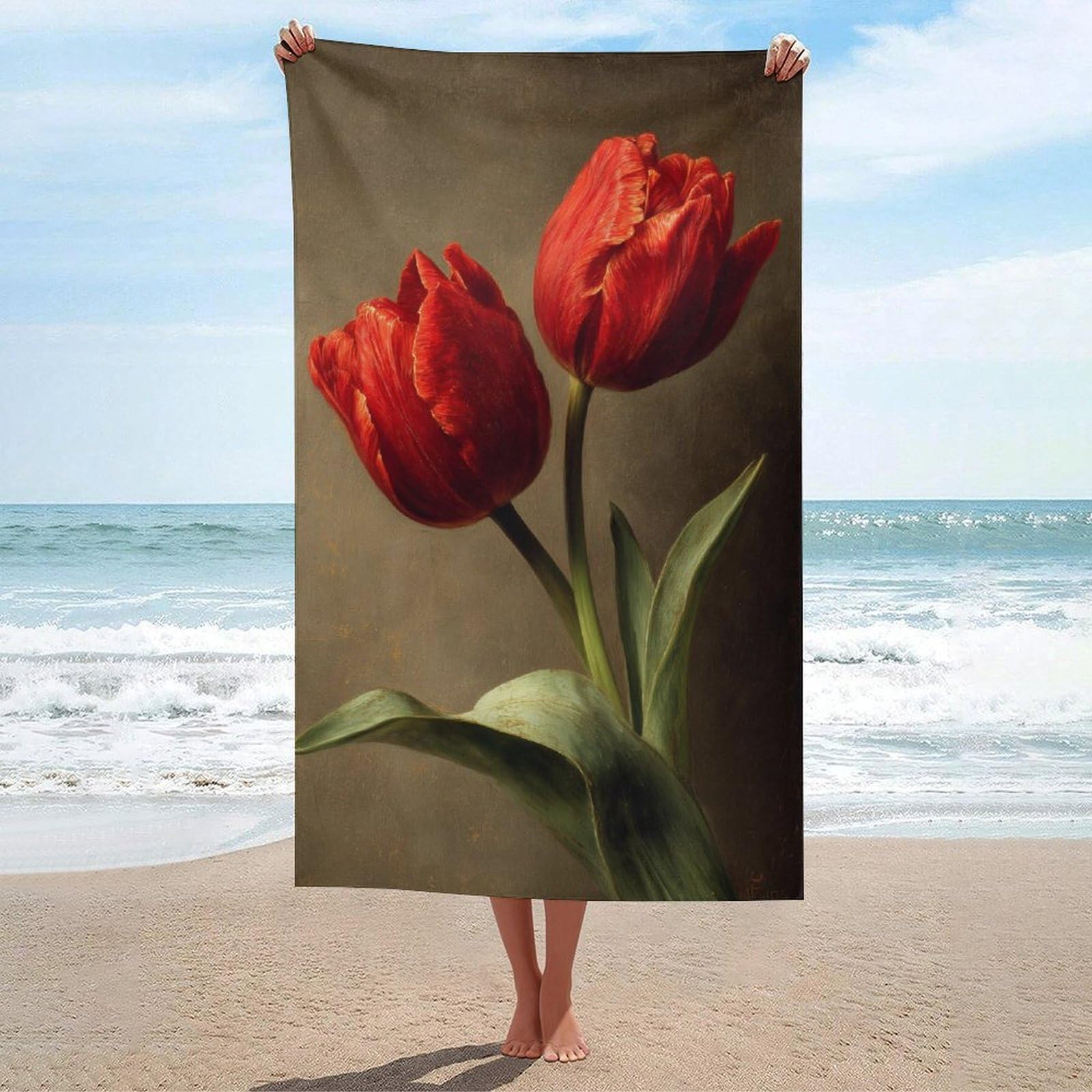 asbwuo Two Red Tulips Beach Towel