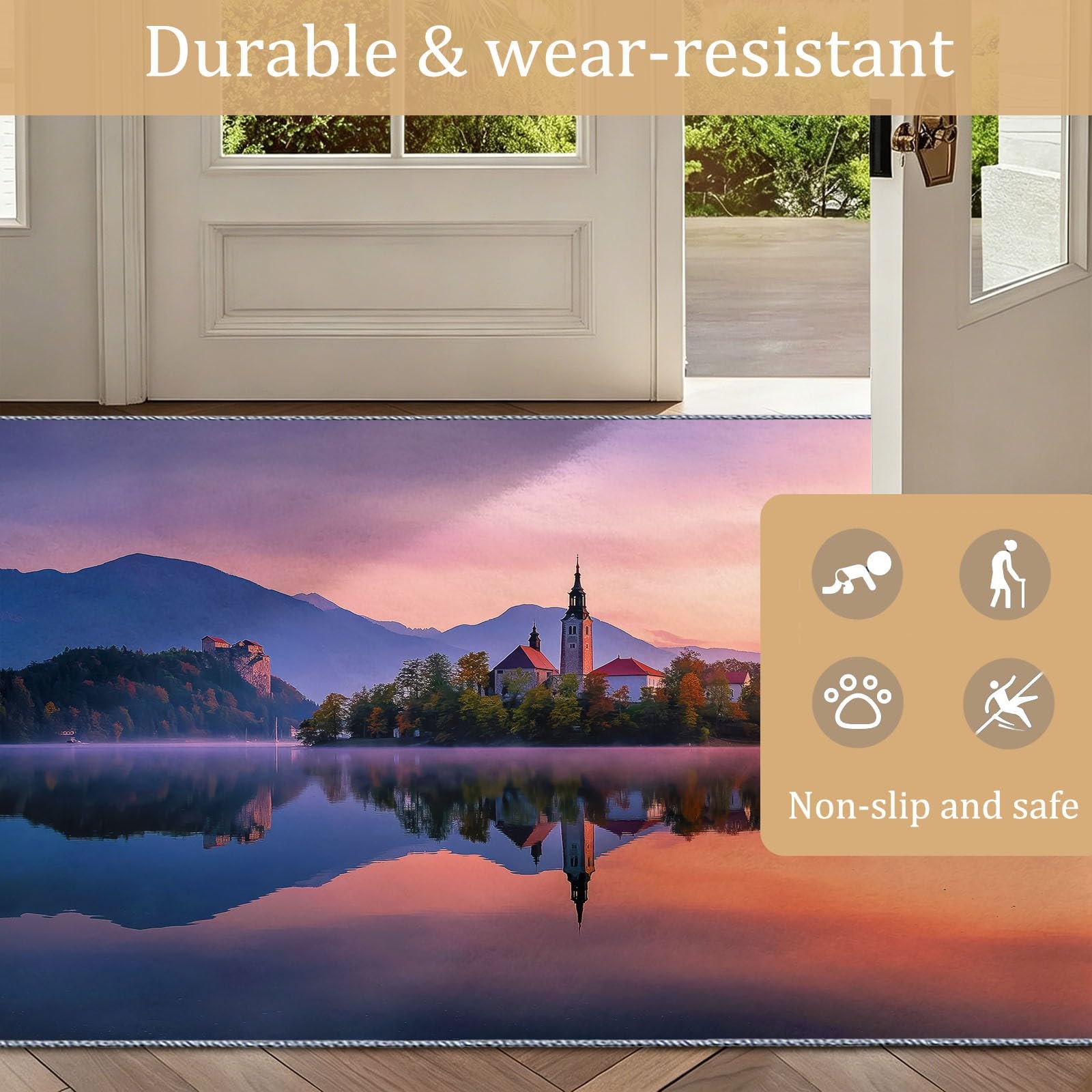 Alfombra Salón Esponjosa 120 x 170 cm Natural Paisaje, Moqueta de dormitorio antideslizante lavable – Ultra suave con cerdas Ras, Castillo Isla Lago Puesta de sol – Gran alfombra para interior comedor
