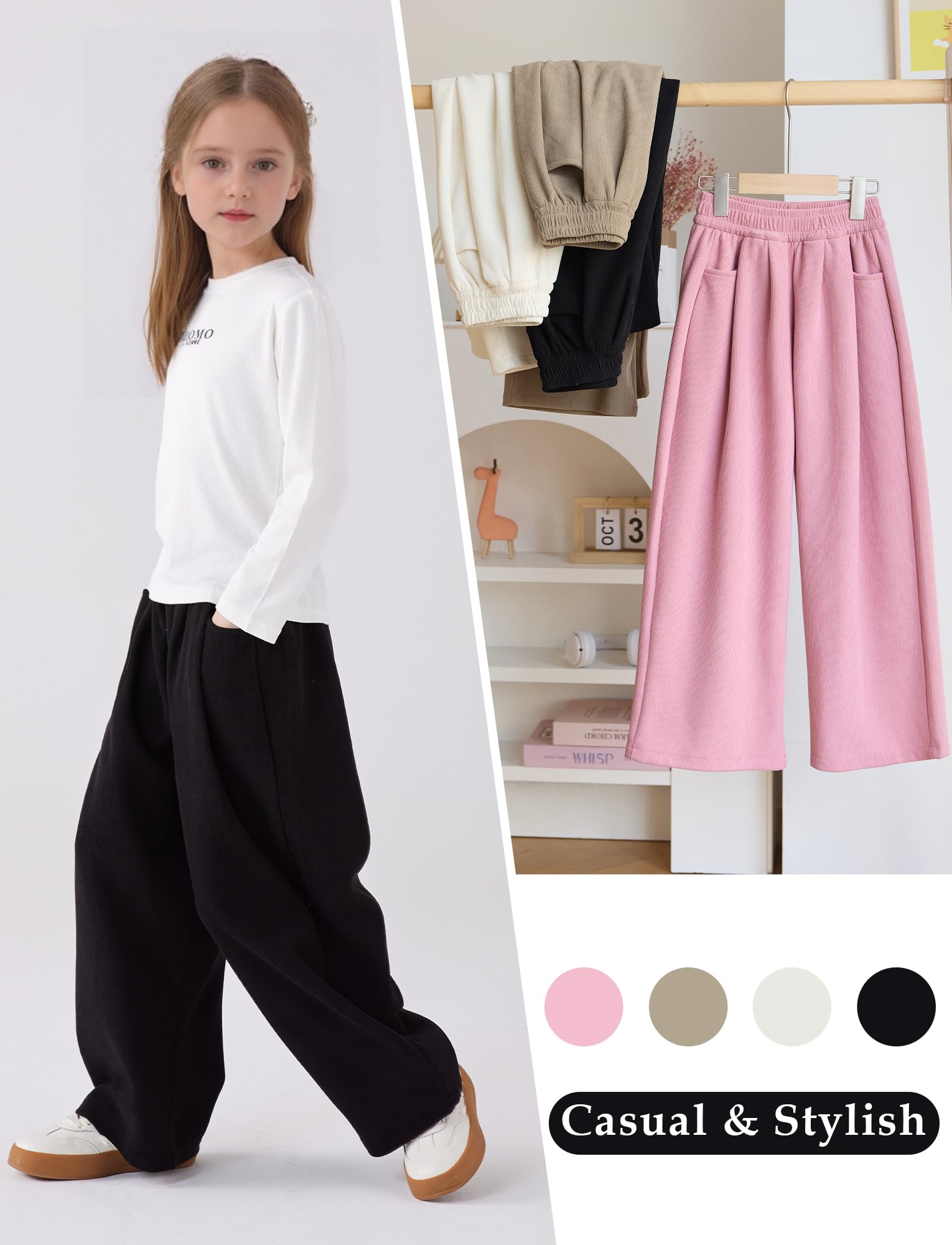 SEAUR Mädchen Cordhose Weites Bein Locker Freizeithose Herbst Winter Lange Hose mit Gummibund Hohe Taille Warme Winterhose 4-14 Jahre