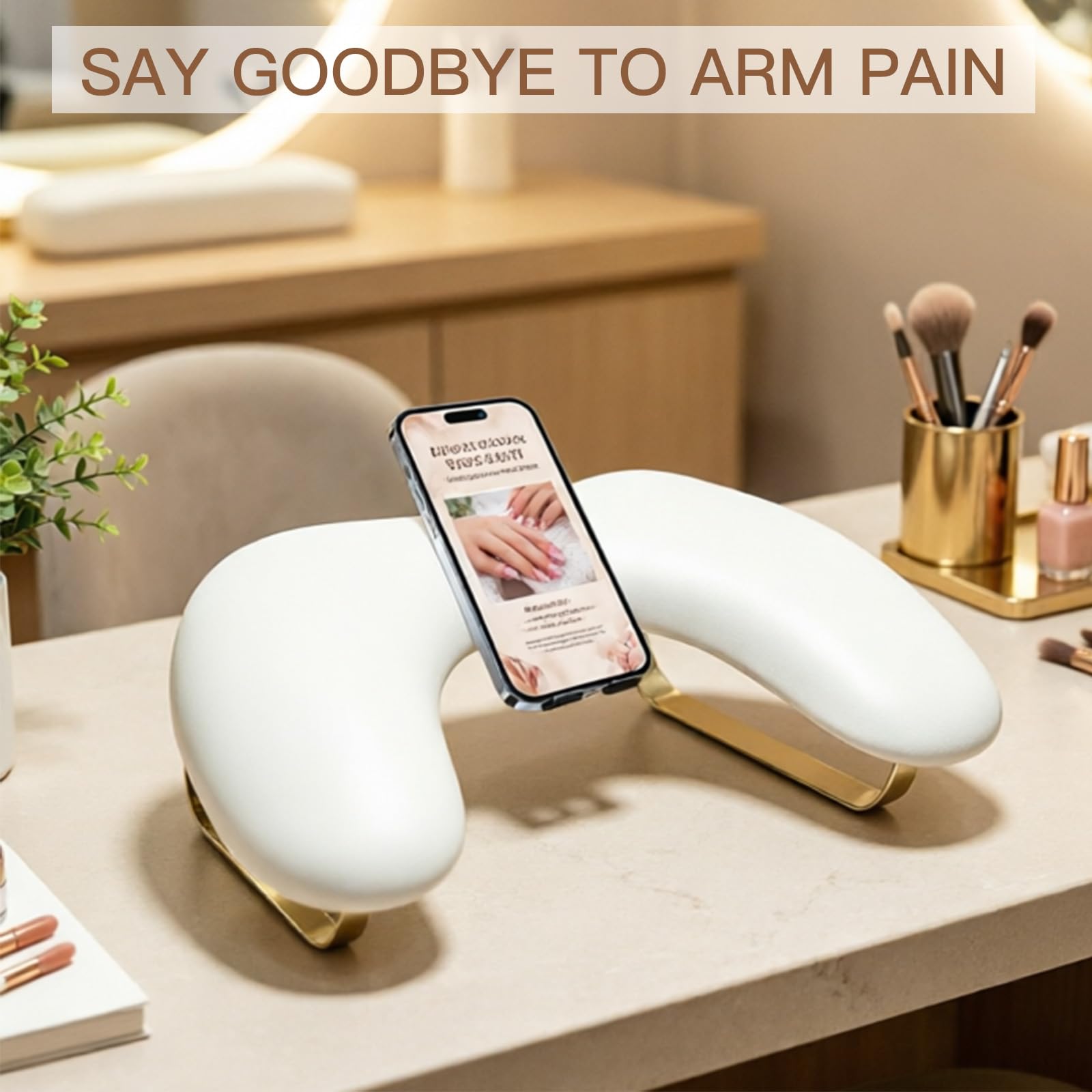 U-förmige Handauflage Nagelstudio - Nagel Armlehne - Ergonomische Handgelenkauflage mit 15° Neigung - Nagel Armlehne mit Handyhalterung - Weiche Handstütze für Maniküre und Nagelstudio (Weiß)