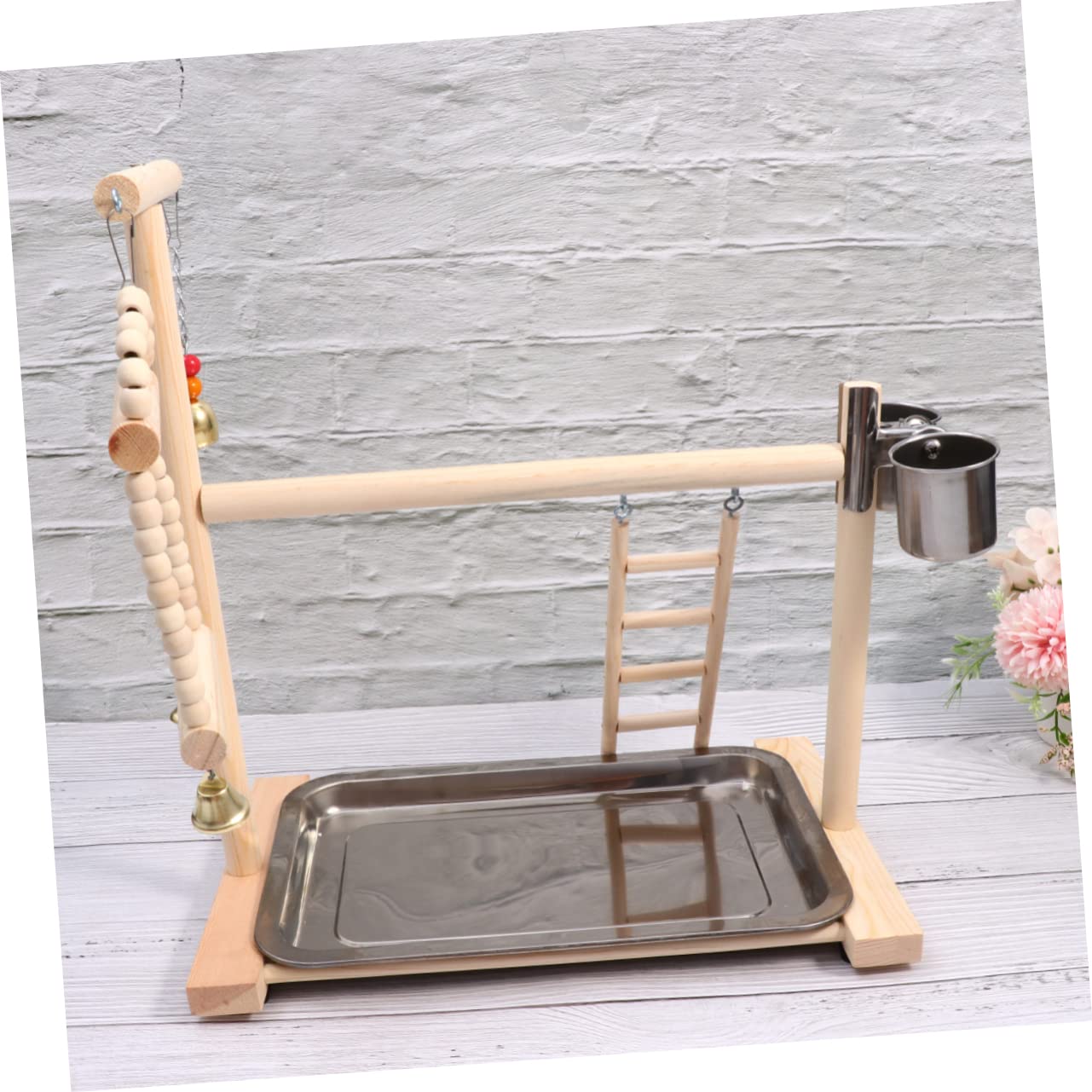 Percha para Pájaros de Madera y Acero Inoxidable Parque Columpio Escalera y Campana Juguete Colgante para Jaulas de Periquitos y Pequeños Color Aleatorio Color Aleatorio