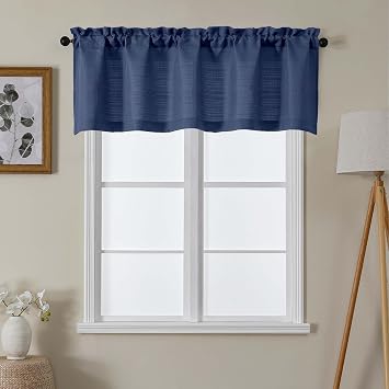 Lecloud Blue Valances for Windows 1 Piece, Burlap Textured Short Curtain for Small Windows with Dual Rod Pocket, Window Curtain Valance for Kitchen Cafe Bedroom Bathroom, 60" W x 18" L