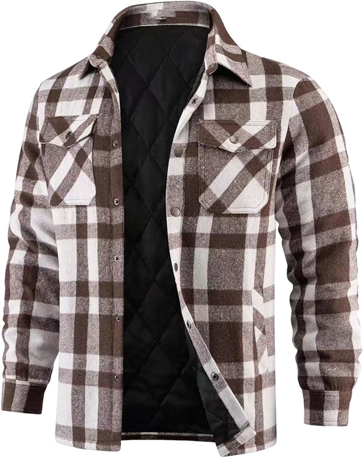 Mens Flannel Shirt Jacket Quilted Lined Plaid Jackets Long Sleeve Button Down Thick Jacket Warm Winter Coat Outwear