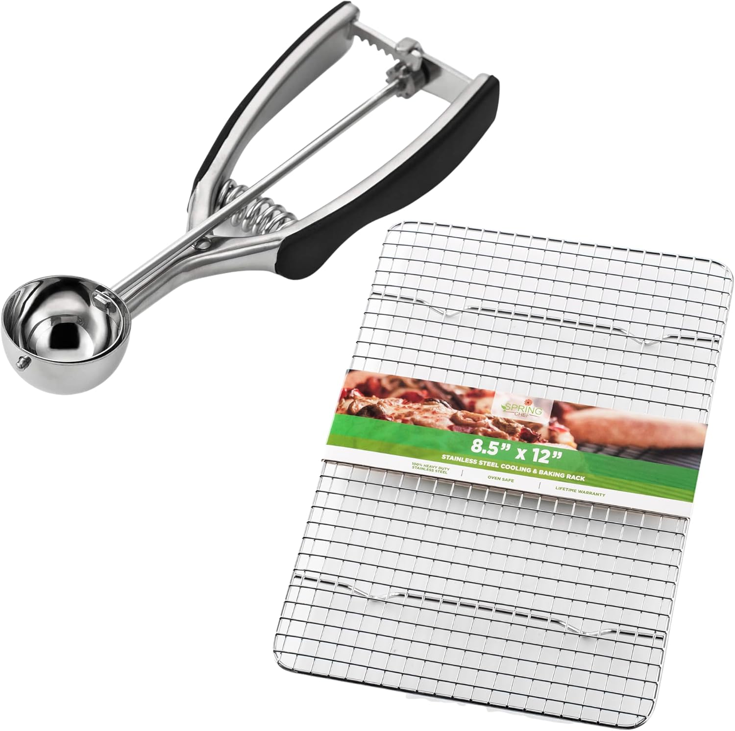 Spring Chef Multifunctional Small Cookie Scoop, Black & Stainless Steel 8.5"x12" Cooling Rack - 2 Product Bundle