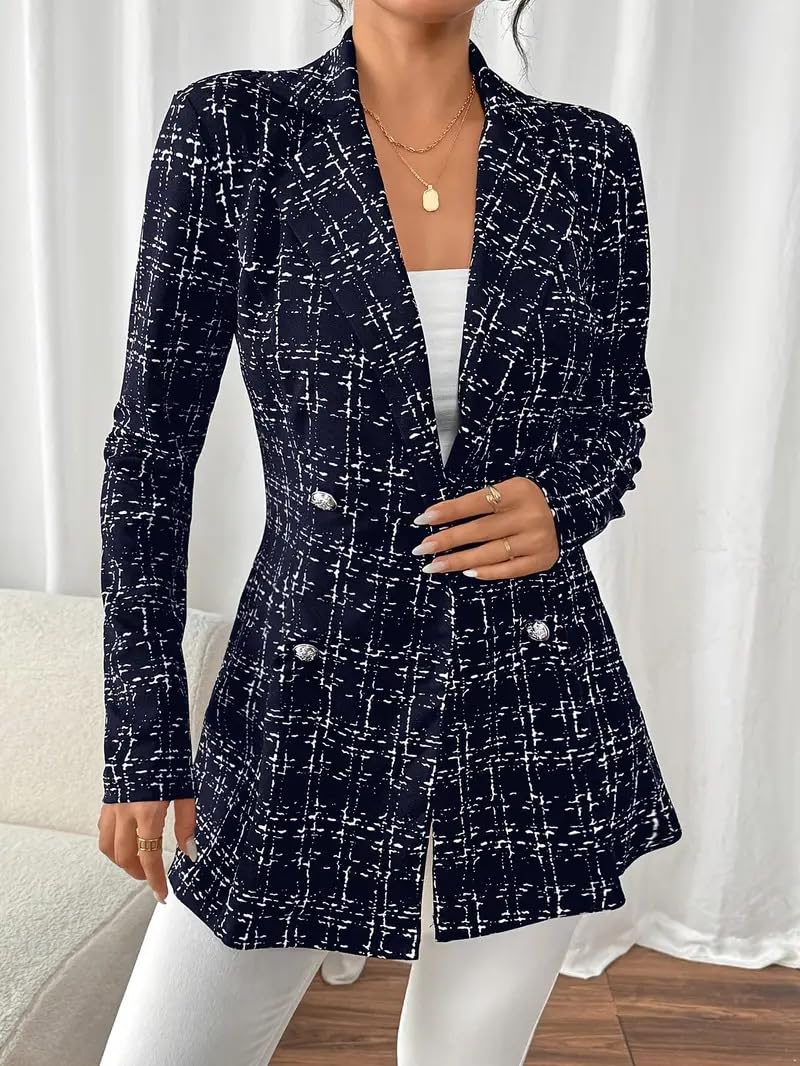 Blazer De Mujer - Abrigo De Tweed A Cuadros para Mujer Elegante Blazer Cruzado con Solapa Corte Entallado Largo Medio Estilo Línea A Chaquetas De Traje Ropa De Oficina Formal Abrigos