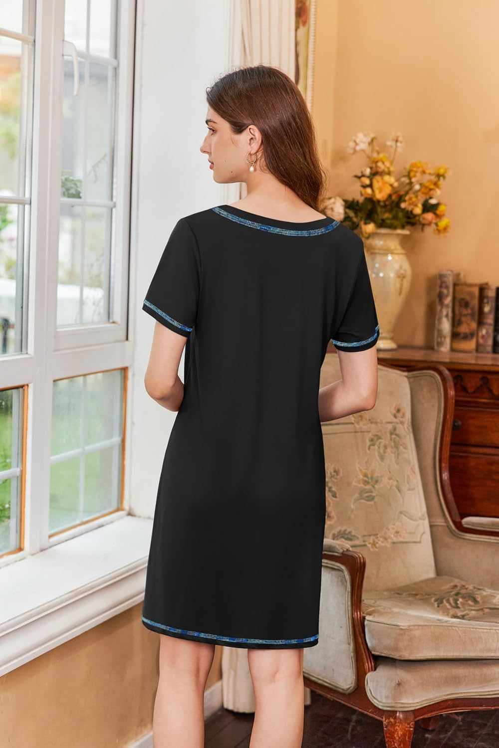Ekouaer Nightgowns for Women Short Sleeve Sleep Shirts V Neck Nightshirts Soft Sleepshirt Caual T Shirt Sleepdress - Image 6