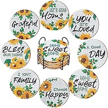 8 Pcs Diamond Coasters Farmhouse Diamond Painting Coasters with Holder DIY Inspirational Coasters Rustic Absorbent Coasters for Drinks 4 Inch Diamond Painting Kit Outdoor Coasters (Sunflower)