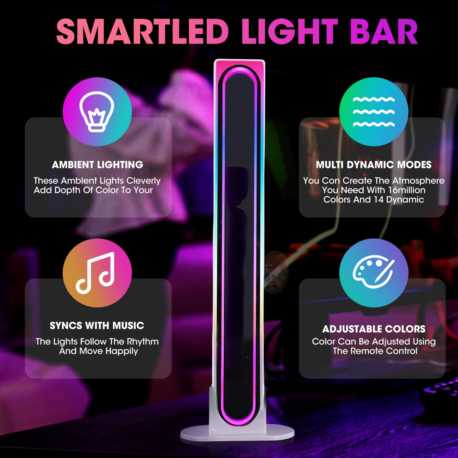 HuuppHip Led Light Bar for Gaming Accessories,RGB Lights for PC Accessories,Gaming Lights with Multiple Lighting Effects and Music Modes,Mood Lighting for PC,TV,Desk,Room,Gaming Stuff - Image 4