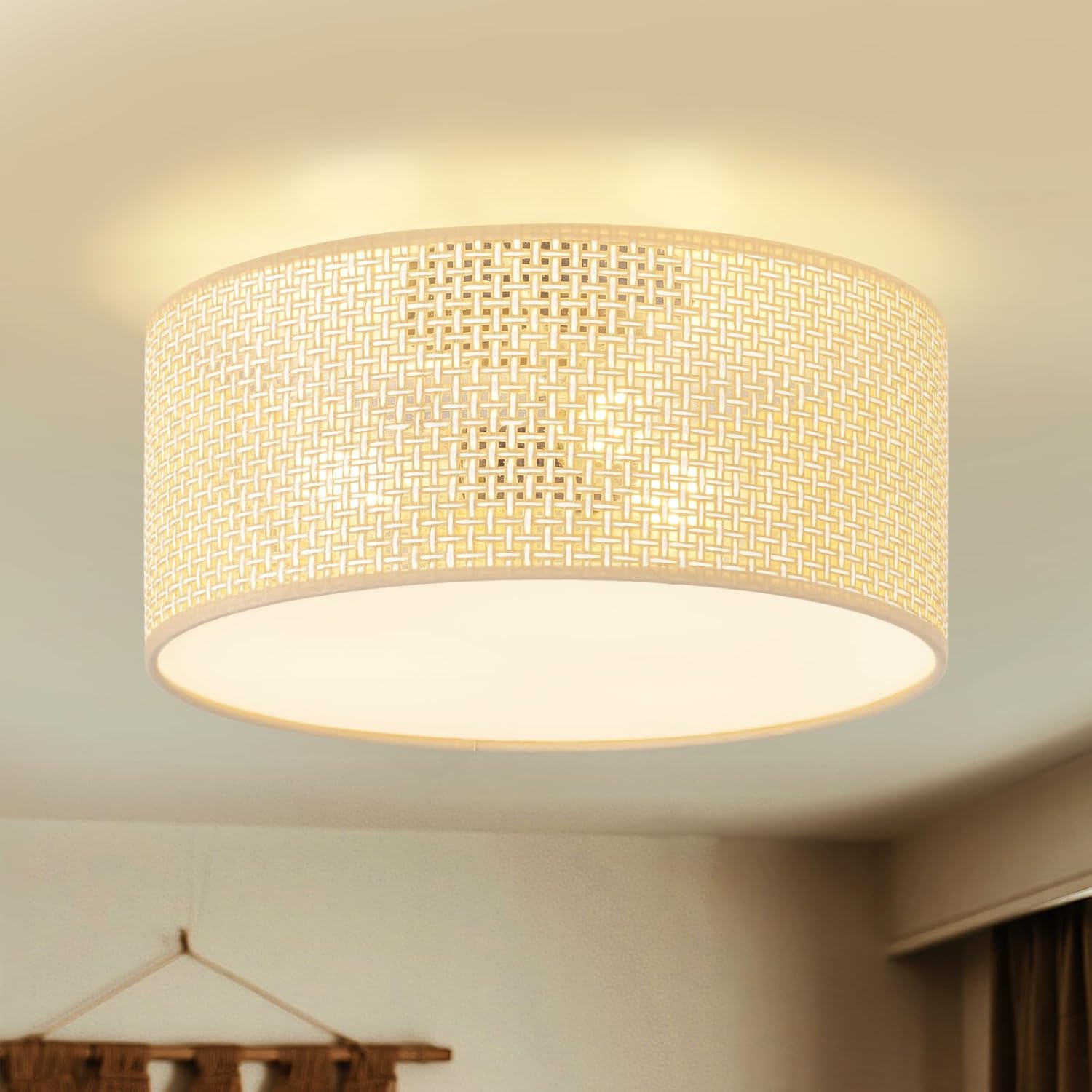 13Inch Boho Semi Flush Mount Ceiling Light,Natural Woven Drum 3-Light Ciling Fixture for Bedroom,Living Room,Dining Room,Kitchen,Hallway,Entryway,Coastal and Scandinavian Style Lighting