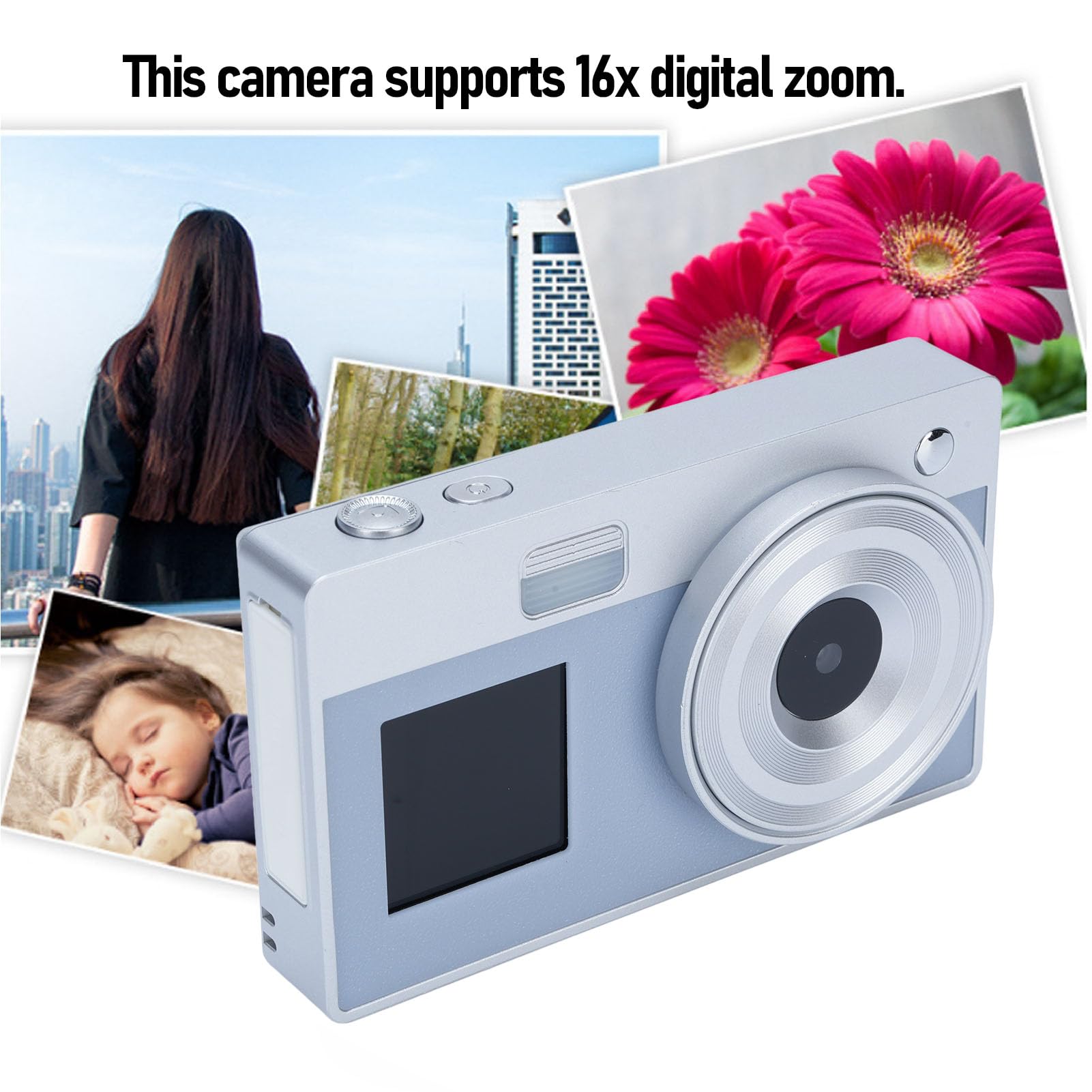 Camera Digitale 1080p, Fotocamera Digital Point & Shoot da 48 MP con Schermo IPS da 2,8 Pollici, Zoom Digitale 16x, Focus Automatico, Chip COMS, per Viaggi, Raccolti, ecc. (SILVER)