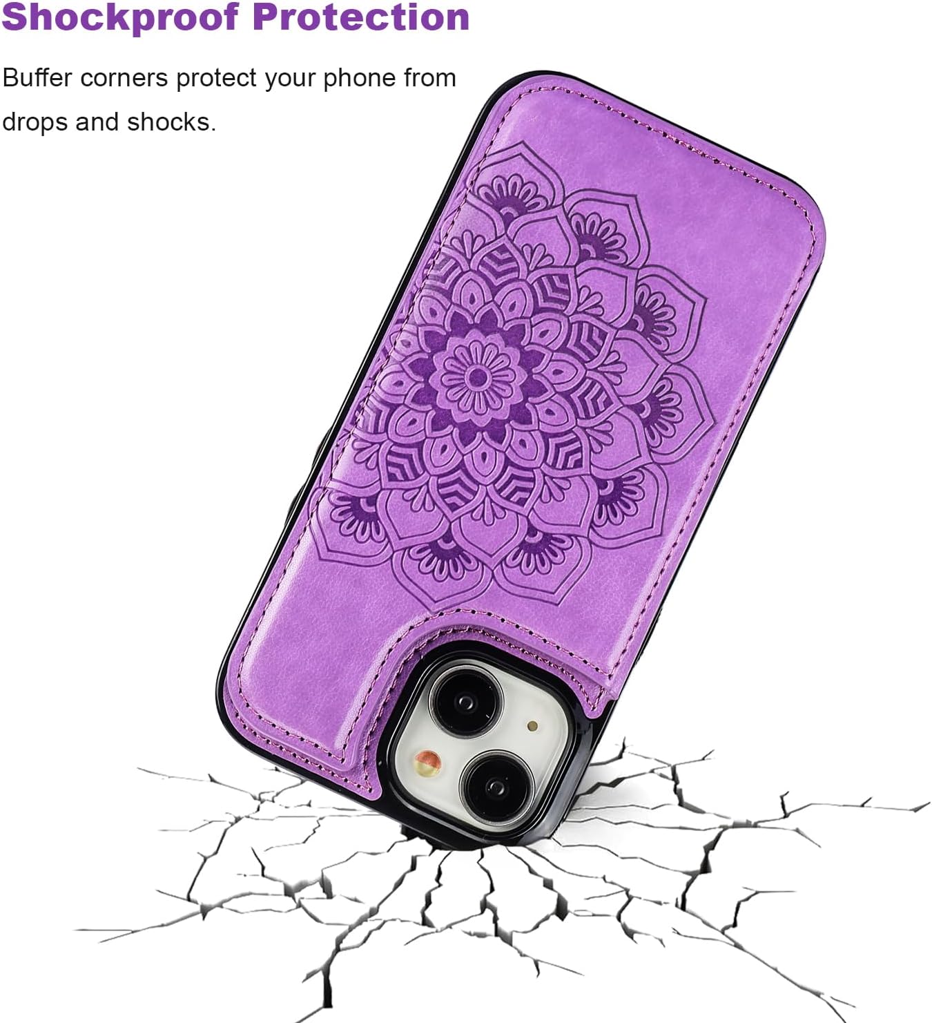Vaburs for iPhone 15 Case Wallet Compatible with MagSafe Wireless Charging, Card Holder, RFID Embossed Mandala Pattern Flower PU Leather Double Buttons Flip Shockproof Cover for 6.1 Inch (Purple)