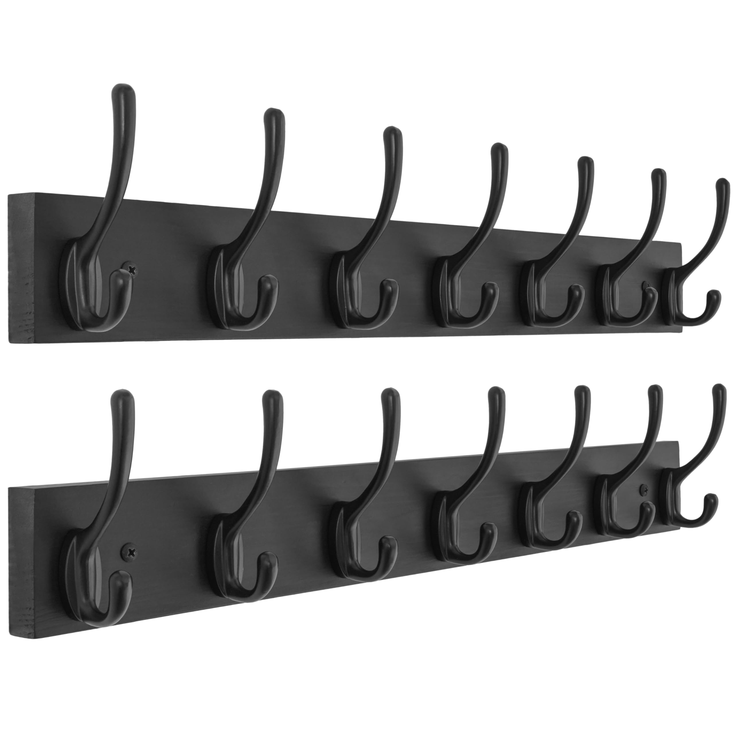 HONSKY Wall Coat Rack with 7 Double Hooks,50.5cm Wall Coat Hook,Wooden Coat and Towel Hanger Storage for Entryway, Bathroom, Bedroom, Garage,Black Base/Black Hook,(2 Pack)
