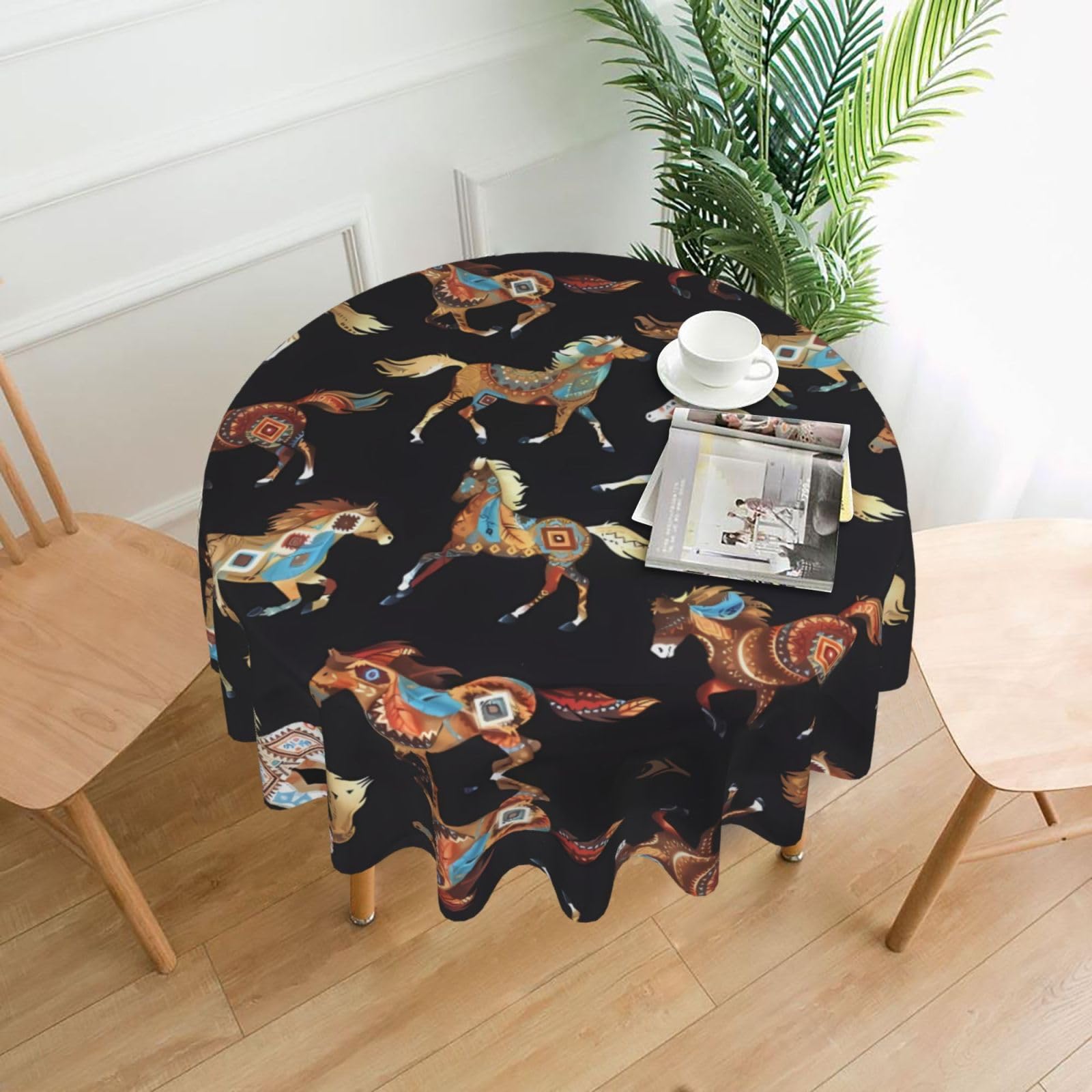 WHJSHOP Brown Horse Prints Round Table Throw 60 Inch – Waterproof Table Cover for Dining, Coffee Tables, Parties & More - Soft, Wrinkle-Resistant Table Layer