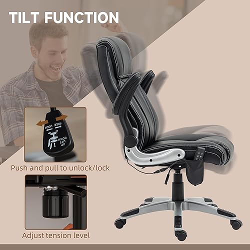 Miniatura 6 de Vinsetto Silla de oficina de masaje ejecutivo con 6 puntos de vibración, silla de escritorio de piel sintética con calefacción y reposabrazos