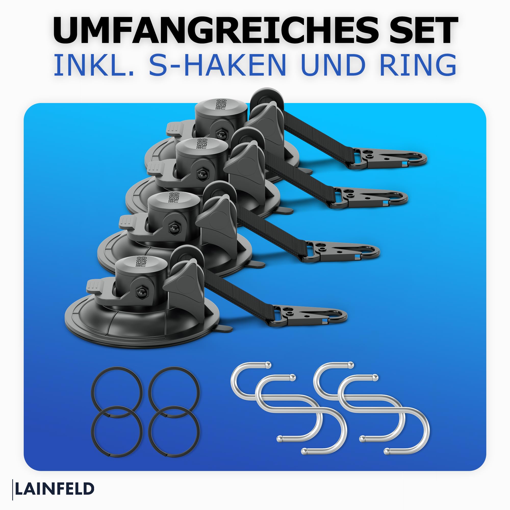 LAINFELD Saugnapf Haken | 4er Set mit Karabinerverschluss und großen Haken | Extra stark | Große Saugnäpfe für Camping, Auto, Balkon | Saughaken