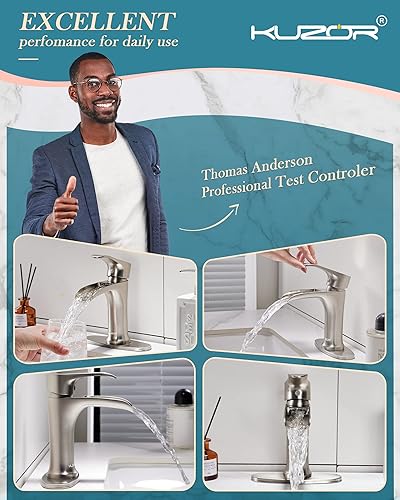 Miniatura 3 de Grifos de baño de un solo orificio de níquel cepillado, grifo de baño de un orificio con drenaje desplegable de metal, grifo de latón macizo para