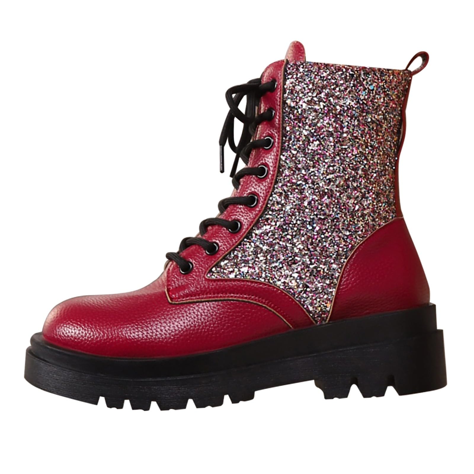 Botines con cordones para mujer, de piel, con purpurina, plataforma, botas