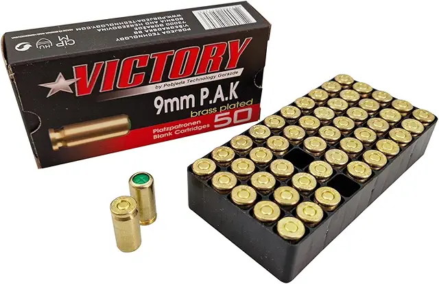 Cartucho Armas: Paquete de 50 Cartuchos de Fogueo Calibre 9 para Pistolas