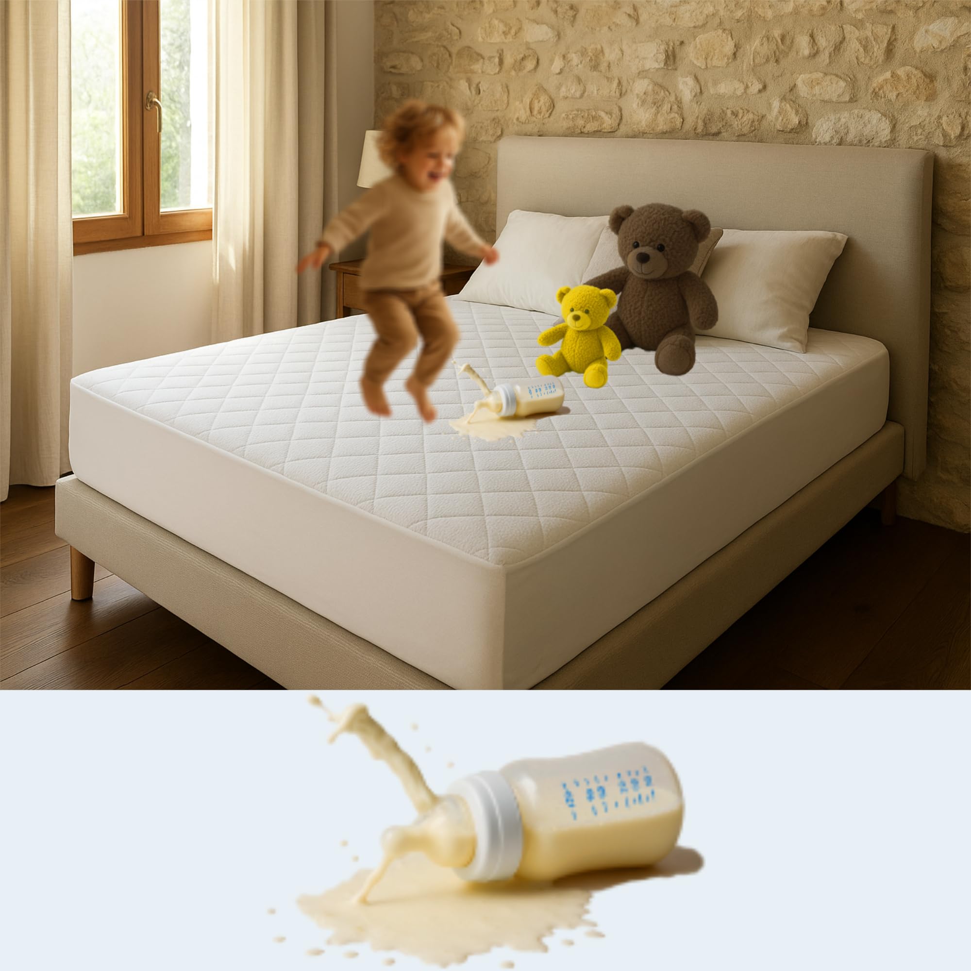 Protector de colchón de algodón, colchón Acolchado con Tratamiento antialérgico, Impermeable, antiácaros, Flexible y silencioso, Protector Transpirable (Blanco, 160 x 190/200 + (35-40))