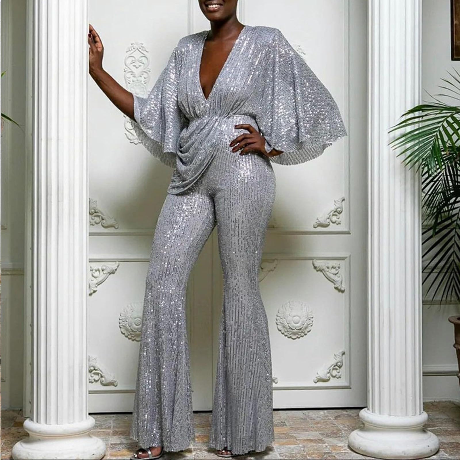 Generisch Party Jumpsuit Damen Elegant Pailletten, Damen Freizeitanzug