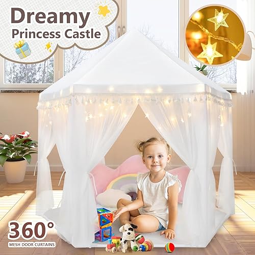 Miniatura 3 de Monobeach Tienda de campaña de princesa blanca para niñas, decoración de borla grande, casa de juegos para niños, castillo con luces de estrella,