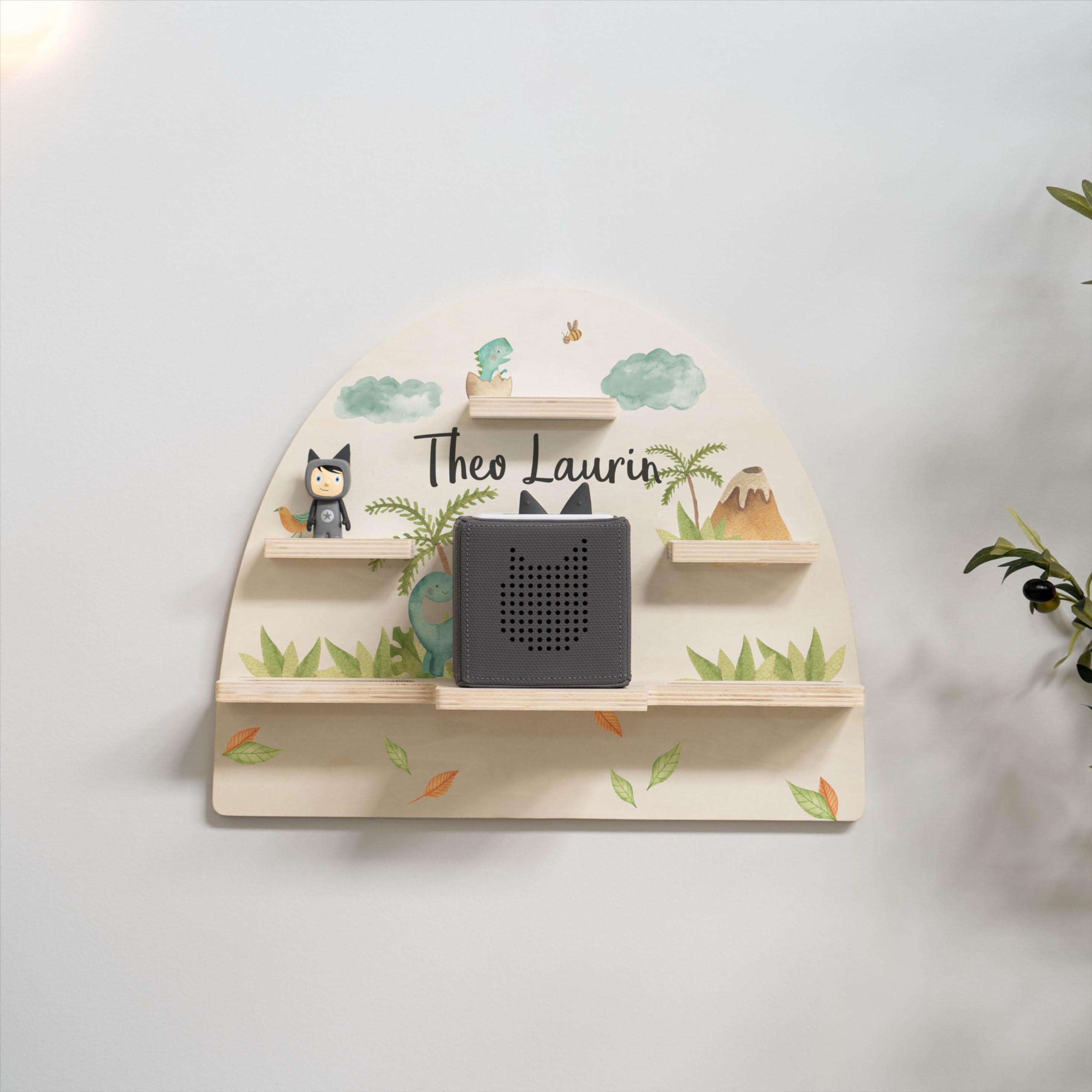 Geschenkfreude Personalisiertes Toniebox Regal für Kinderzimmer - Kinder Wandregal für Tonie Hörfiguren - Magnetisches Tonie Wandregal zur aufbewahrung von Tonieboxen und Figuren – Dino
