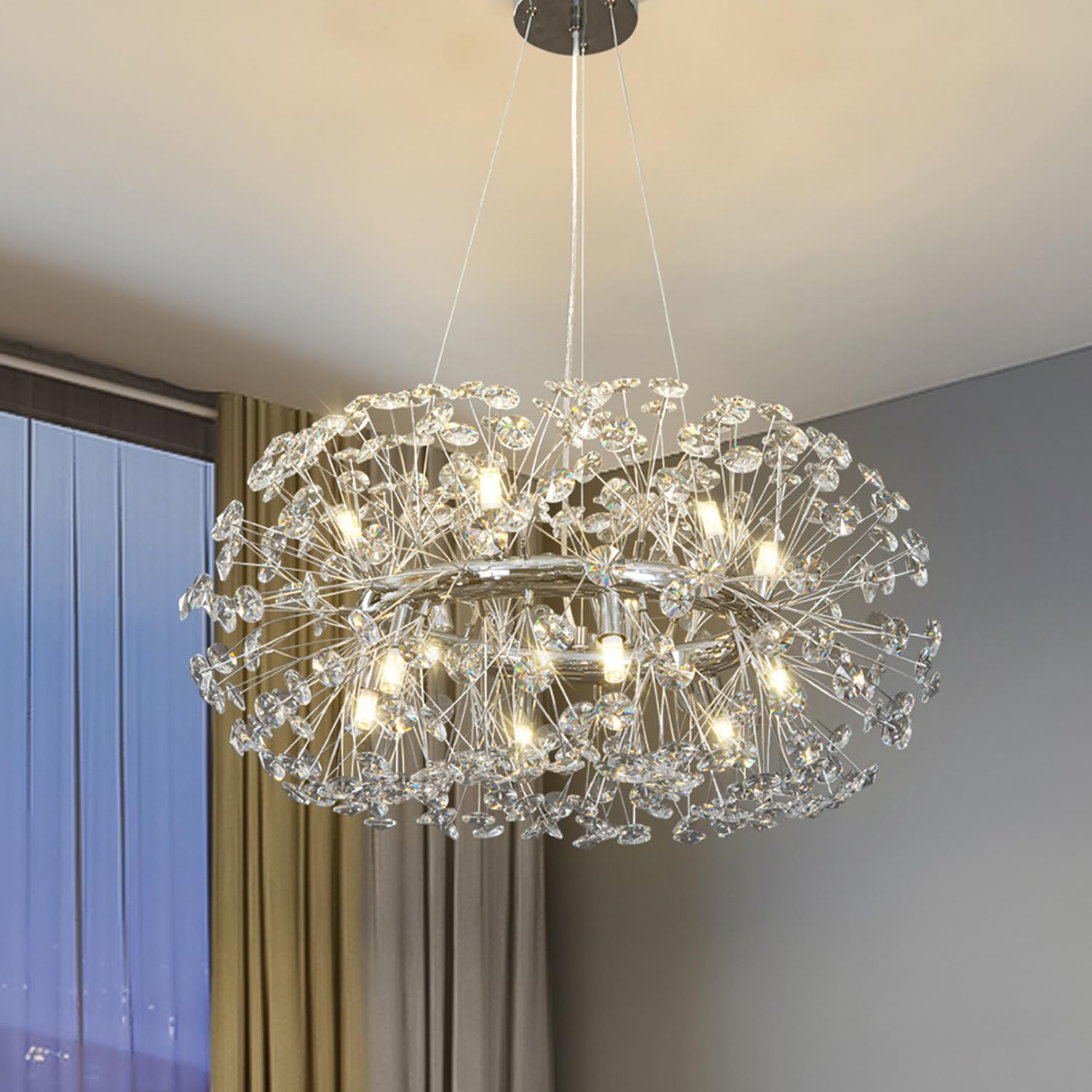 EFPD Modern Crystal Dandelion Chandelier, D24'' Large Silver Ring ...