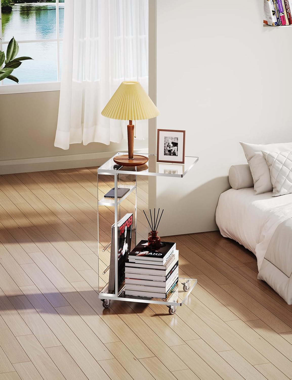 Clear Acrylic Side Table on Lockable Wheels, C Shaped End Table for Sofa, Small Coffee Tables for Small Spaces (Clear)