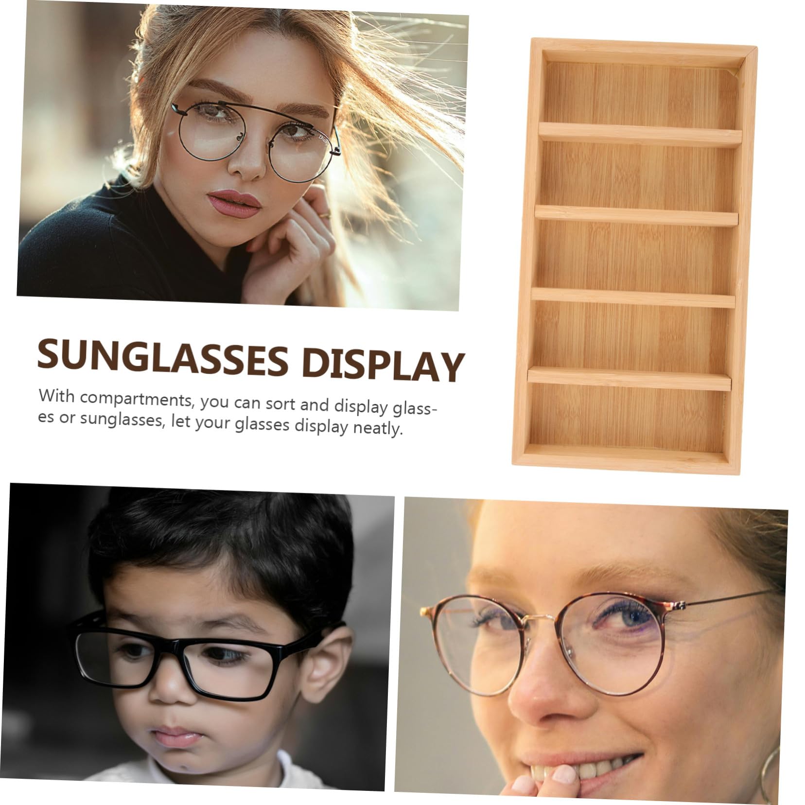 Bandeja Organizadora 5 Compartimentos 2 Piezas de Madera para Gafas de Sol | Khaki, Vitrina para Gafas de Sol para Tienda y Escaparate, Celebracion Verano, Organizador de Almacenamiento de Gafas de Sol