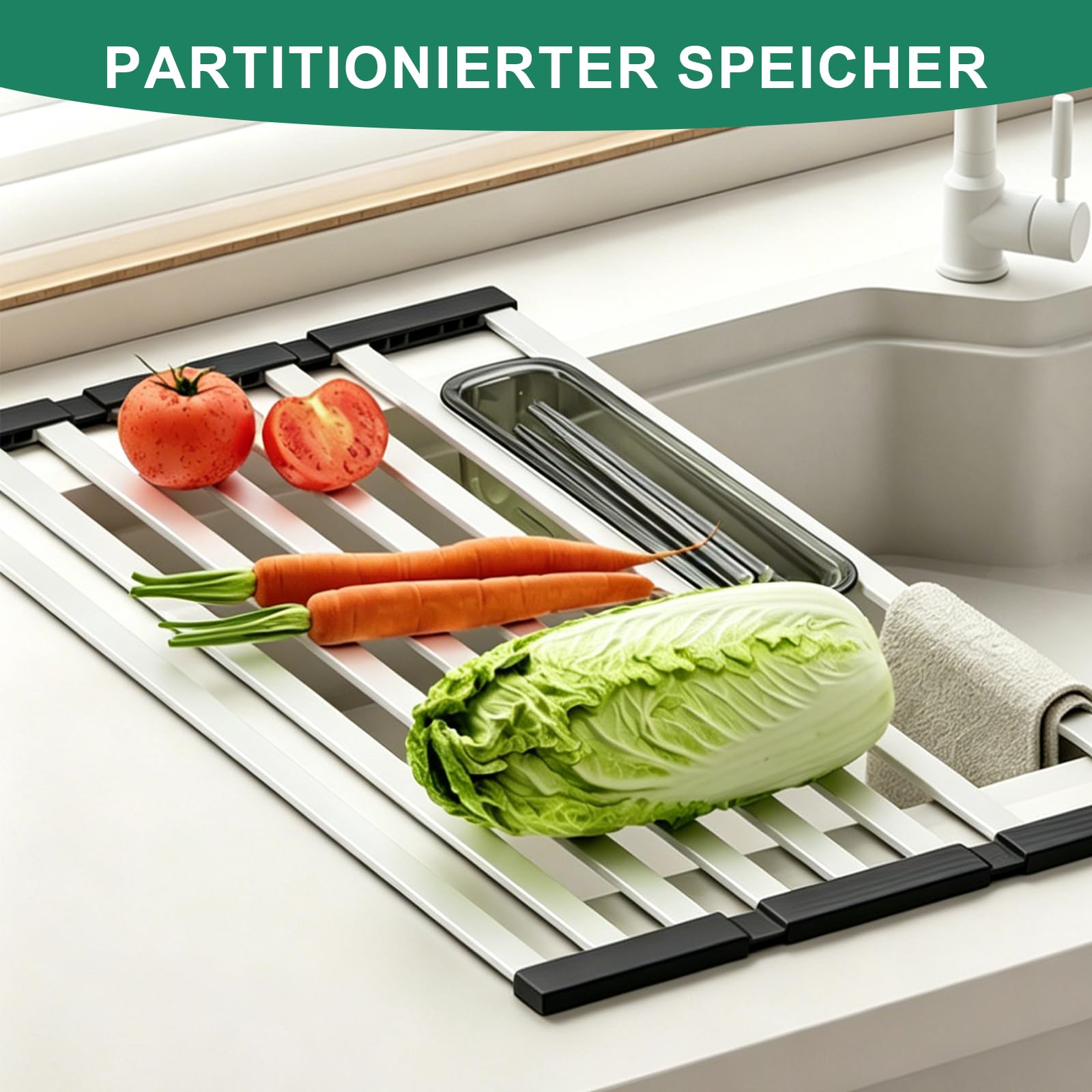 Escurreplatos plegable para fregadero con cesta, 45 x 32,5 cm