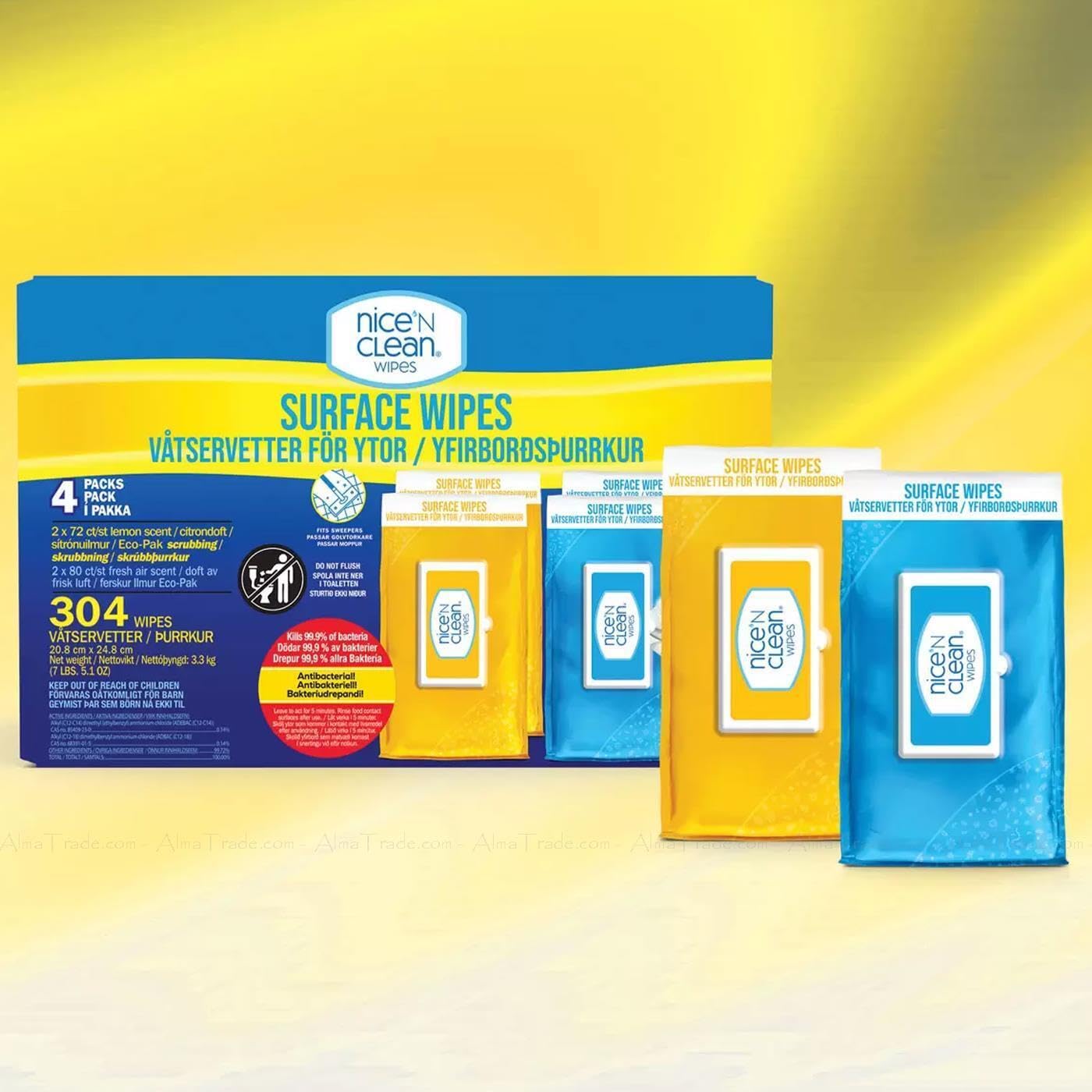 Nice'N'Clean Antibactrial Surface Fresh Lemon XL Cleaning Sheets Pack 304 Wipes