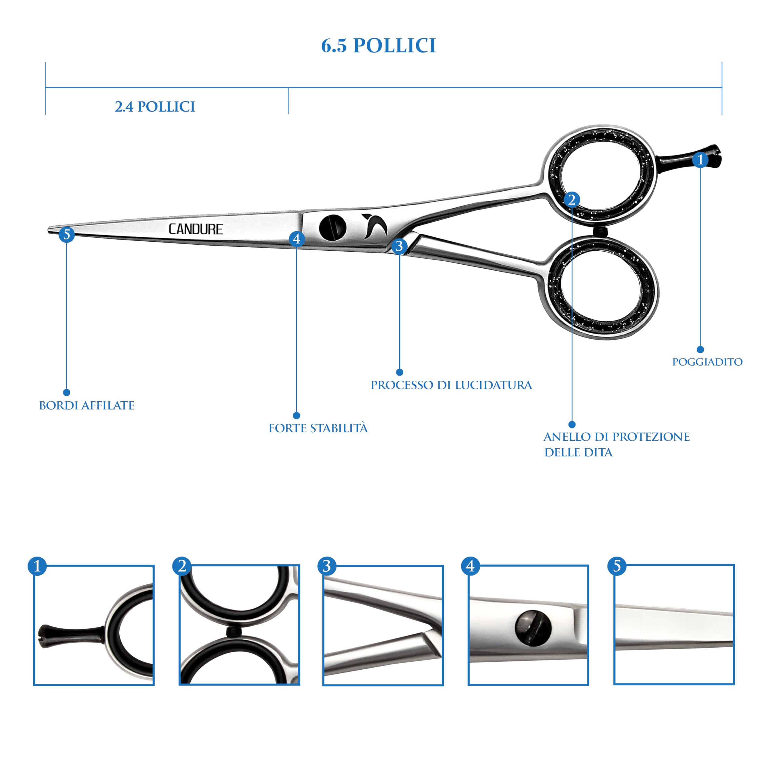Candure Forbici Parrucchiere Professionali 6.5" Forbice per Capelli da Barbiere per Taglio di Capelli Acciaio Inossidabile Adatta per Kit Barbiere, Uomini e Donna (6.5", Argento)