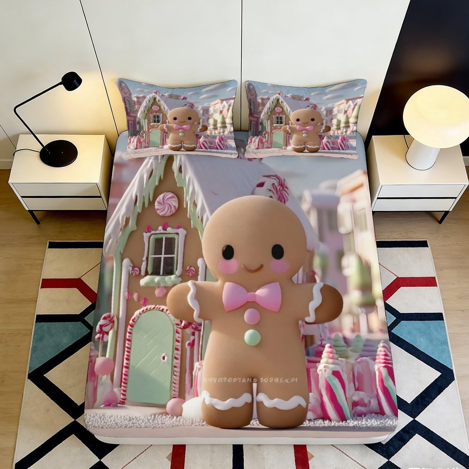 3D Printed Gingerbread Man Fitted Sheet Microfiber Soft Breathable Candy House Bed Cover for Bedroom Dormitory Guest Room Mattress Protection Decor 160x200x25cm