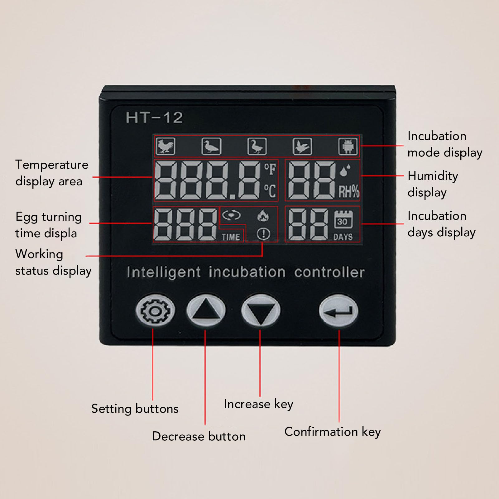 Controlador digital de temperatura y humedad con pantalla LCD, medidor inteligente de control de temperatura para cría, carcasa de ABS, precisión ± 0,5 °C