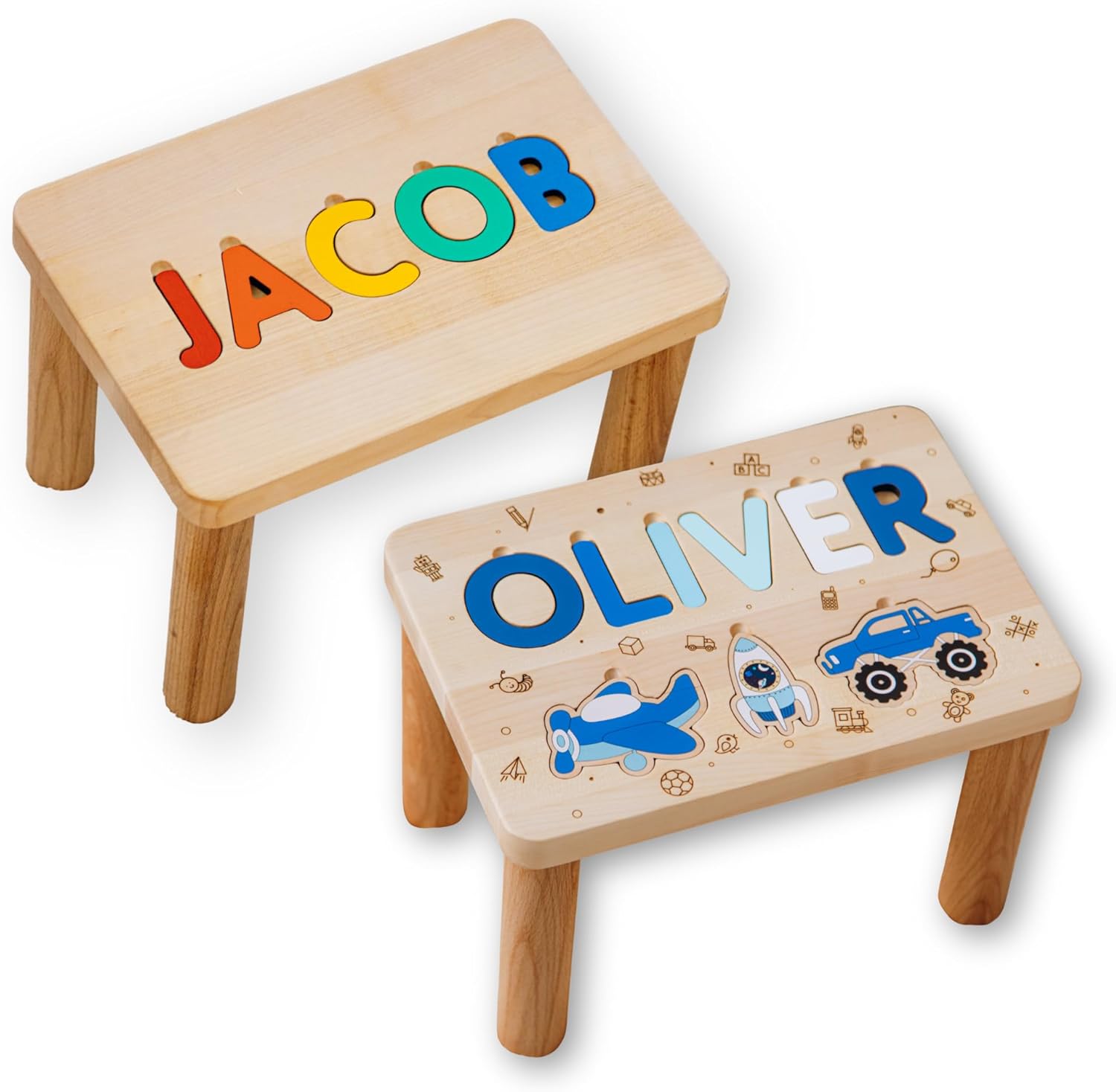 Personalized Step Stool for Boy, Custom Wooden Name Gift for Son or Grandson, Rainbow Step Stool, Bright Primary Colors, Montessori Wooden Name Puzzle